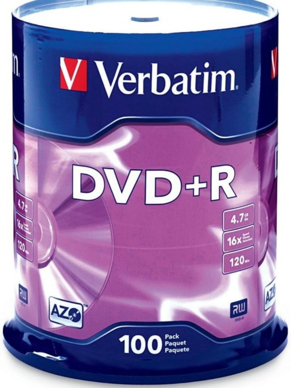 Verbatim DVD+R 4.7GB 16X Recordable Discs with AZO Dye, 100 Pack